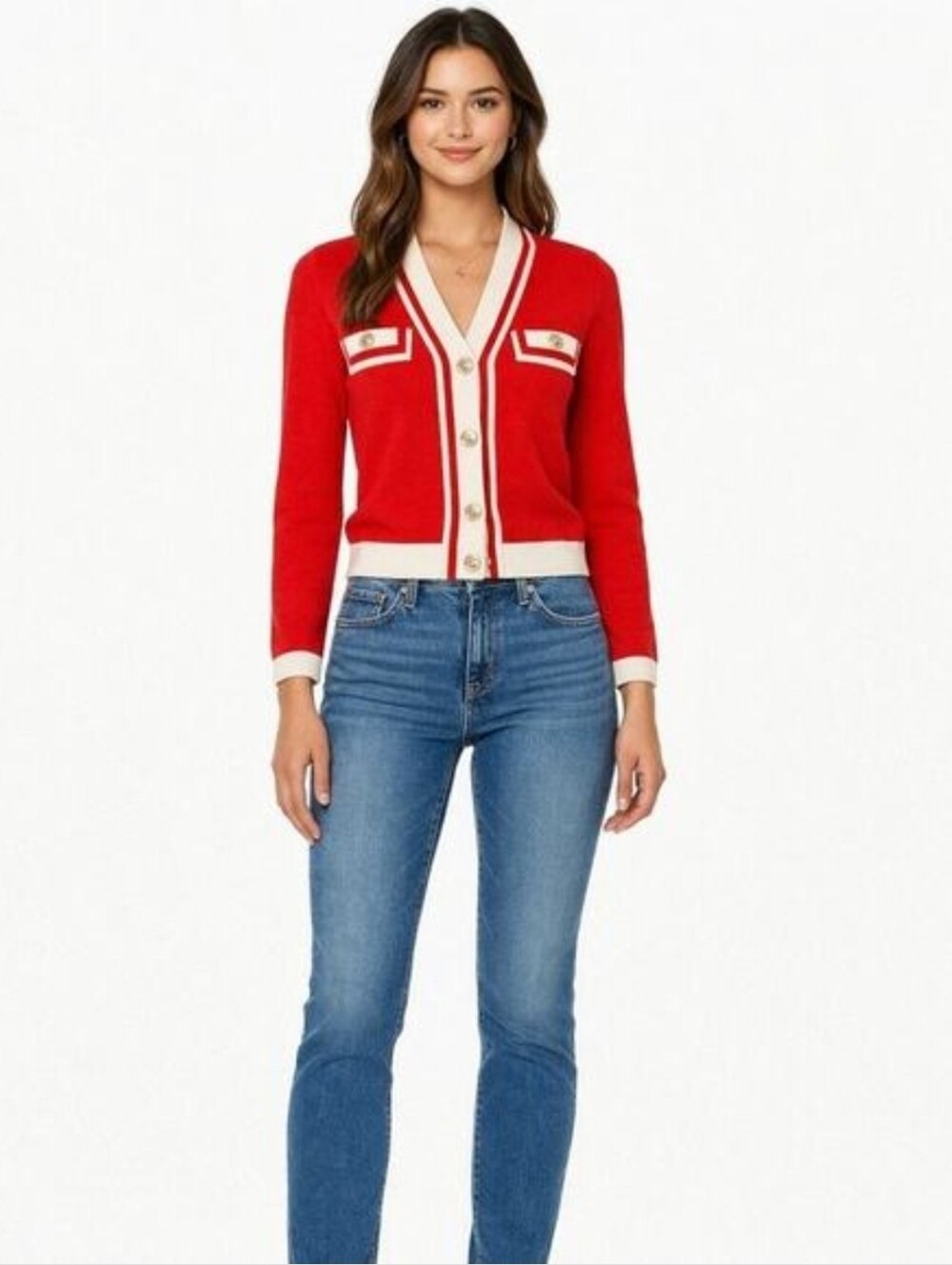Adrienne Vittadini Red V-Neck Cardigan with Cream Trim